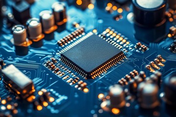 Detailed close up of a blue circuit board featuring a chip and electronic components in focus