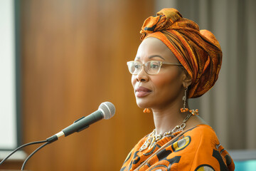 A poised Black woman in vibrant traditional attire speaks at a podium, exuding confidence and grace during a public event.