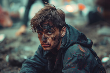 Obraz premium A young Caucasian male with a dirty face looks intensely at the camera, embodying resilience in a chaotic environment.