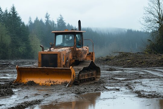 Heavy dozer stuck in mud at construction site during rainstorm near water puddle or swamp