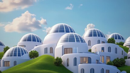 Obraz premium A cutting-edge sustainable city model built in a desert environment, featuring solar-powered smart homes