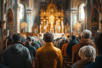 Obraz premium Crowd of people attending a religious service, with a focus on a man in a yellow jacket, in a beautifully ornate church.