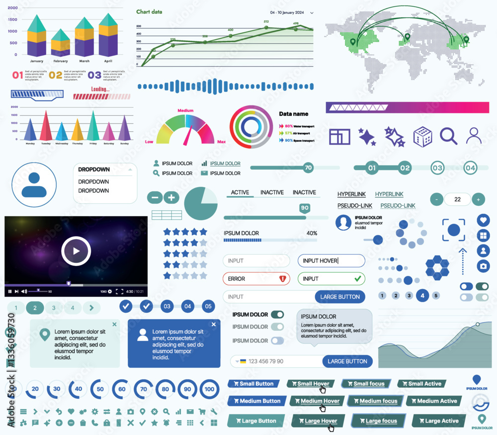 Fototapete a set of ui ux elements for financial applications and platforms: buttons, panels, charts, calendars