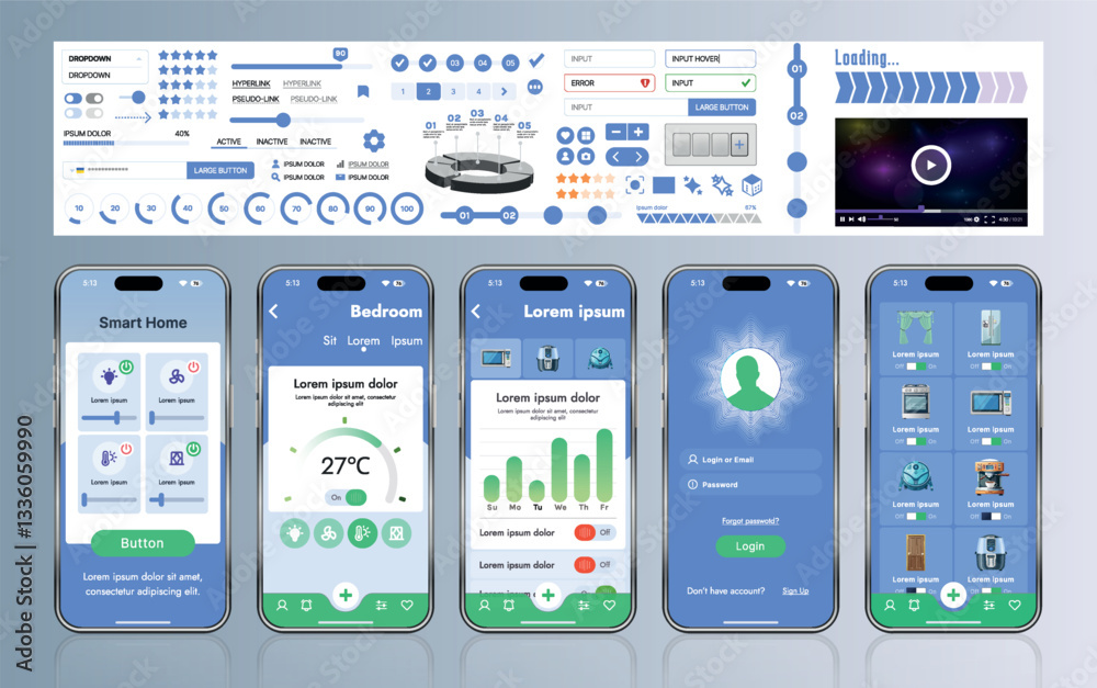 Fototapete a set of ui ux elements for smart home management mobile apps: an interface with buttons, panels, gr