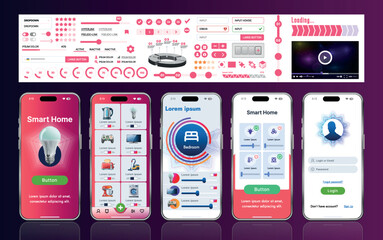 A set of UI UX elements for smart home management mobile apps: an interface with buttons, panels, graphs, and navigation for monitoring and controlling automation systems.