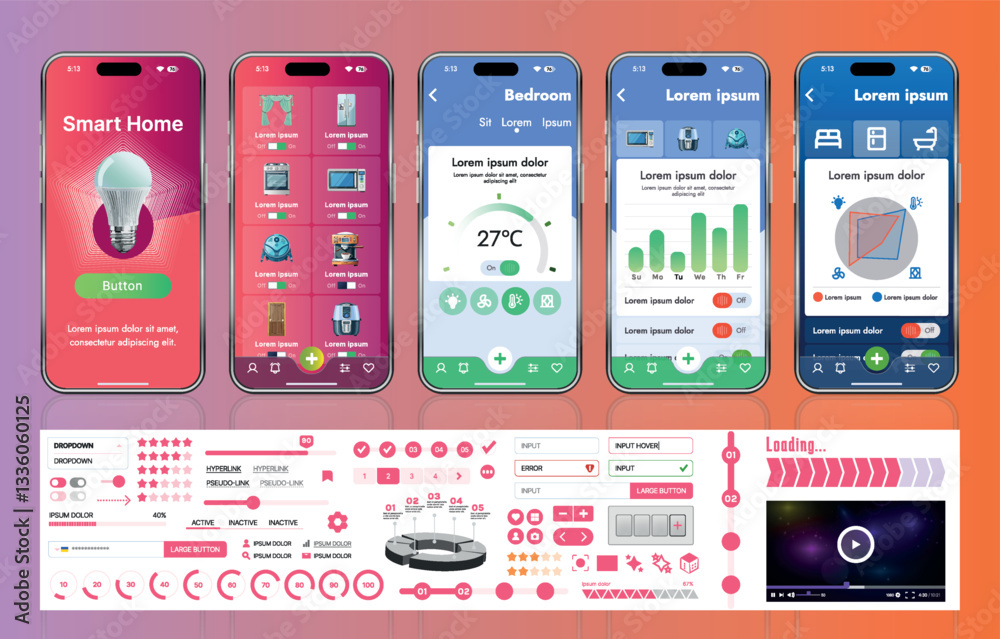 Fototapete a set of ui ux elements for smart home management mobile apps: an interface with buttons, panels, gr