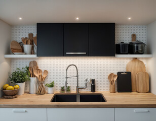 Minimal cozy counter mockup design for product presentation background or branding with bright wood top white counter and wall with vase flower mug chop fork spoon cup. Kitchen interior 