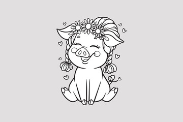 Sweet Smiling Piglet with Flowers in Her Hair vector
