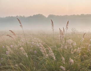 Soft gently wind grass flowers in aesthetic nature of early morning misty sky background. Quiet and calm image in minimal zen mood. Spring nature in pastel tone.
