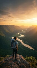 Fototapeta premium Hiker Standing on Mountain Trail Overlooking Scenic Valley at Sunset