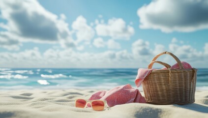 Beach picnic basket, pink towel, and sunglasses on sandy shore