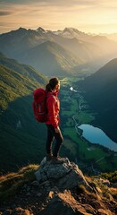 Obraz premium Hiker Standing on Mountain Trail Overlooking Scenic Valley at Sunset