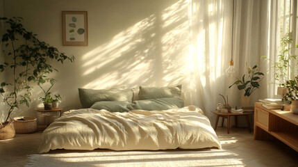 living room interior with sofa and bed, minimalism with boho elements, lots of light