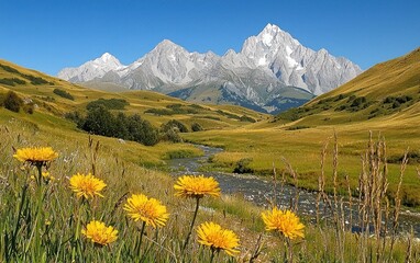 Picturesque mountain vista with vibrant wildflowers in a golden meadow landscape