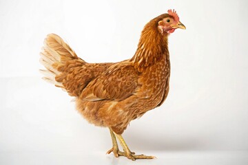 Fototapeta premium Majestic brown chicken hen standing proudly on white background - isolated farm animal portrait