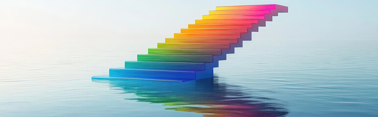 A minimalistic surreal illustration of a rainbow staircase emerging from a calm pond, each step a color of Pride, leading skyward