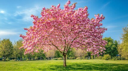 Naklejka premium Vibrant cherry blossom tree in full bloom under blue sky in springtime