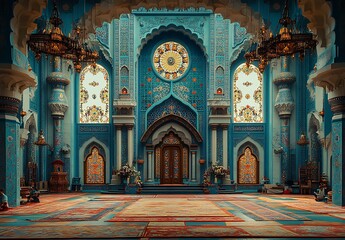 Fototapeta premium Stunning Teal Mosque Interior Architectural Design Blue Elegant Room Rich Calm Grand Glass Light 