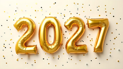  A set of golden balloon numbers forming 2027 against a light background