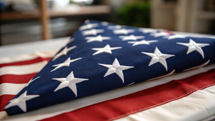 memorial day close up of folded American flag in triangle shape, showcasing its stars and stripes, symbolizing patriotism and national pride