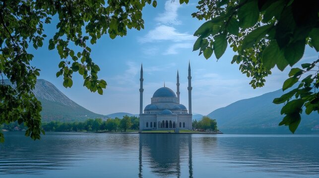 A beautiful mosque sits serenely on the reflective lake waters