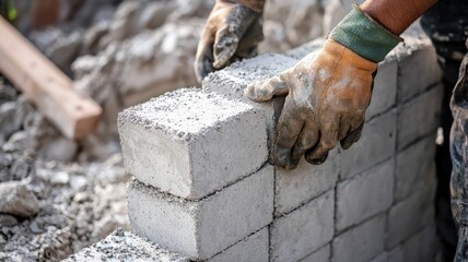 Close-up of construction workers assembling concrete blocks to build house walls, highlighting teamwork, precision, and the masonry process in residential construction.
