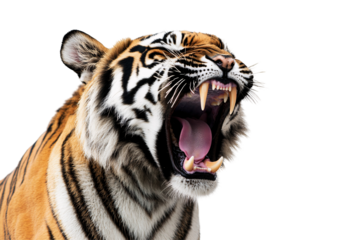Fierce roaring tiger with sharp fangs isolated on transparent background.