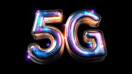 Sparkling 3D 5G Technology Logo on Black Background, Futuristic Wireless Internet Concept.