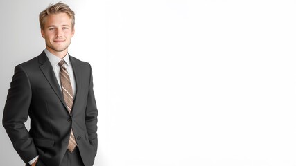 Handsome smiling young businessman in a suit standing with a confident expression against a white background.