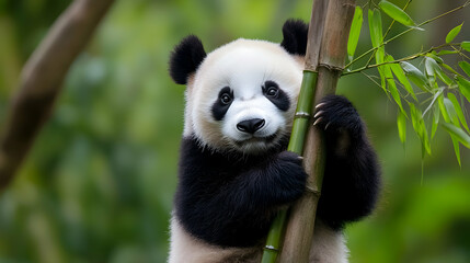 Fototapeta premium Playful panda clinging to bamboo stalk.
