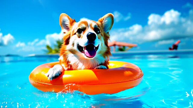 A very realistic cinematic scene of a Corgi dog happily floating on a lighted pool ring with his tongue hanging out, his eyes sparkling, and his ears perked up.
