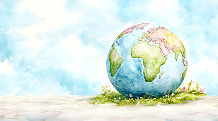 Fototapeta premium A watercolor globe surrounded by nature.