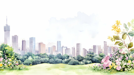 City skyline with vibrant flowers in the foreground.