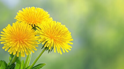 Naklejka premium A soft-focus, high-resolution macro shot of bright yellow dandelions in full bloom, their seed heads ready to disperse. 