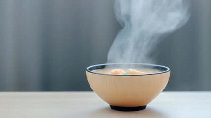 A steaming bowl of Tom Yum soup with shrimp, lemongrass, and chili floating on top, spicy 