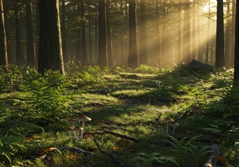 Obraz premium Mushrooms in misty forest with golden sunlight.