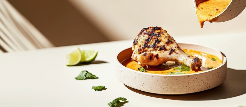 Juicy Ayam Percik dipped in spiced coconut sauce with fresh herbs and lime on wooden table