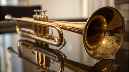 Obraz premium memorial day Close up of brass trumpet reflecting light on glossy surface, showcasing its intricate design and craftsmanship. image captures elegance and artistry of this musical instrument