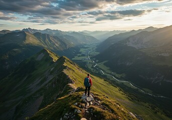 Fototapeta premium Hiker Standing on Mountain Trail Overlooking Scenic Valley at Sunset