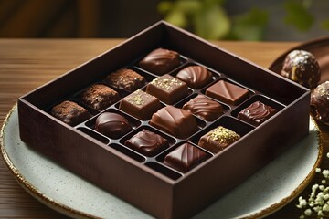 A captivating box of rich, velvety chocolates artfully arranged on a smooth ceramic plate with delicate garnish in vivid HD detail.