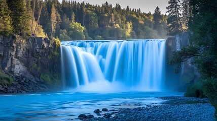 Fototapeta premium Mesmerizing Blue Waterfall in a Lush Green Forest – Serene Nature Scenery. blue waterfall, highlighting its mesmerizing turquoise or azure colors and contrasting scenery