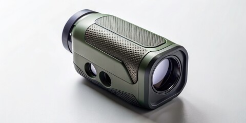 High-Angle View of a Luxury Laser Rangefinder on a White Background for Minimalist Design, Perfect for Action Freeze Photography and Copy Space Elements