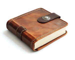 Brown leather journal with a strap and metal clasp on a white background