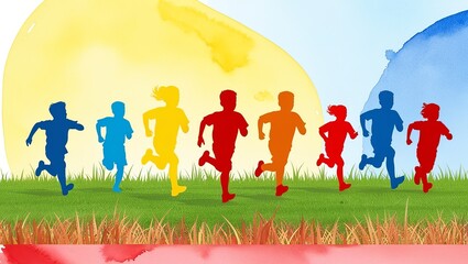 International Sports Day – Colorful Running Kids Silhouette Design