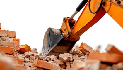 Excavator Demolishing Brick Structure with Bucket Scoop in Urban Construction Project Site