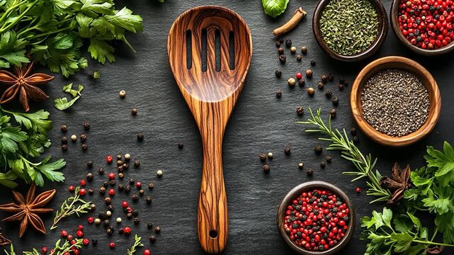 Wooden serving spoon surrounded by fresh herbs and spices on slate