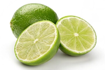 Refreshing green lime with cut in half and slices isolated on white background for tropical cocktail or summer beverage concept