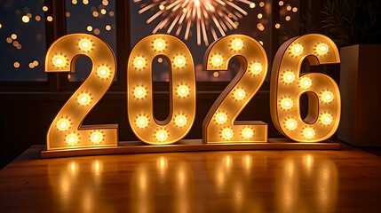 Golden illuminated 2026 numbers glowing with embedded lights, surrounded by fireworks in the background, celebrating the new year
