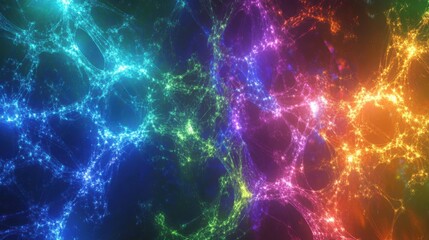 Fototapeta premium An abstract depiction of a communication network in cyberspace, featuring a spectrum of glowing nodes in blue, purple, green