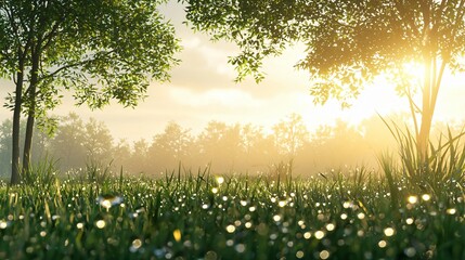 Obraz premium A serene landscape at sunrise, featuring dew-covered grass and trees in soft light.